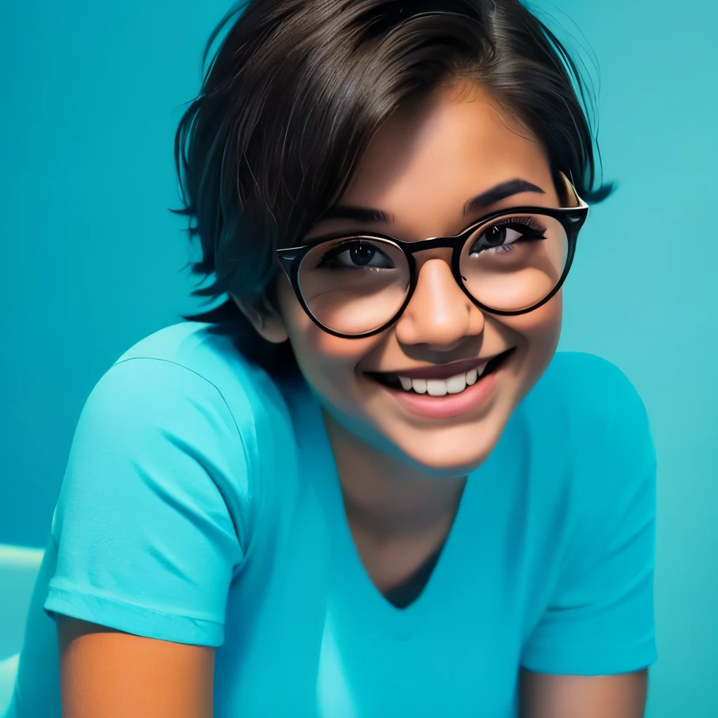 1girl, rounded glasses, big glasses, smiling, looking at the camera, short messy hair, dark-skinned, rounded eyes, cyan blue shirt, black shorts, close up, magazine shot, dynamic pose