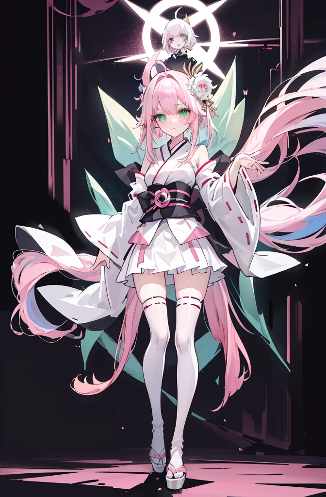 ((A pink-haired)),The hair was long,green eyes,Very long dull hairs,dark city background,white kimono costume,White miko stockings,white mini skirt, night,standing,pink hair,pink hair,