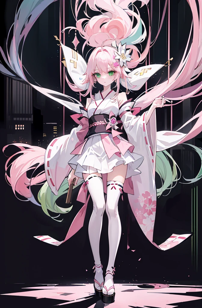 ((A pink-haired)),The hair was long,green eyes,Very long dull hairs,dark city background,white kimono costume,White miko stockings,white mini skirt, night,standing,pink hair,pink hair,