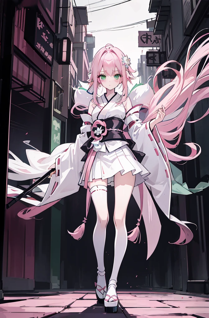 ((A pink-haired)),The hair was long,green eyes,Very long dull hairs,dark city background,white kimono costume,White miko stockings,white mini skirt, night,standing,pink hair,pink hair,