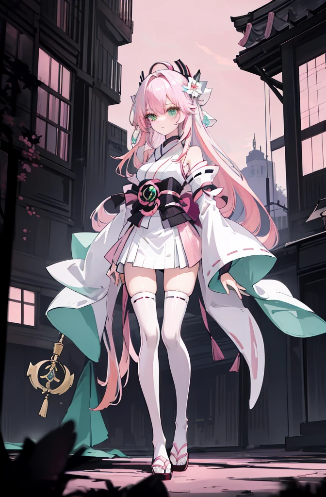 ((A pink-haired))，The hair was long，green eyes,Very long dull hairs，dark city background，white kimono costume，White miko stockings，white mini skirt, night,standing,pink hair,pink hair,