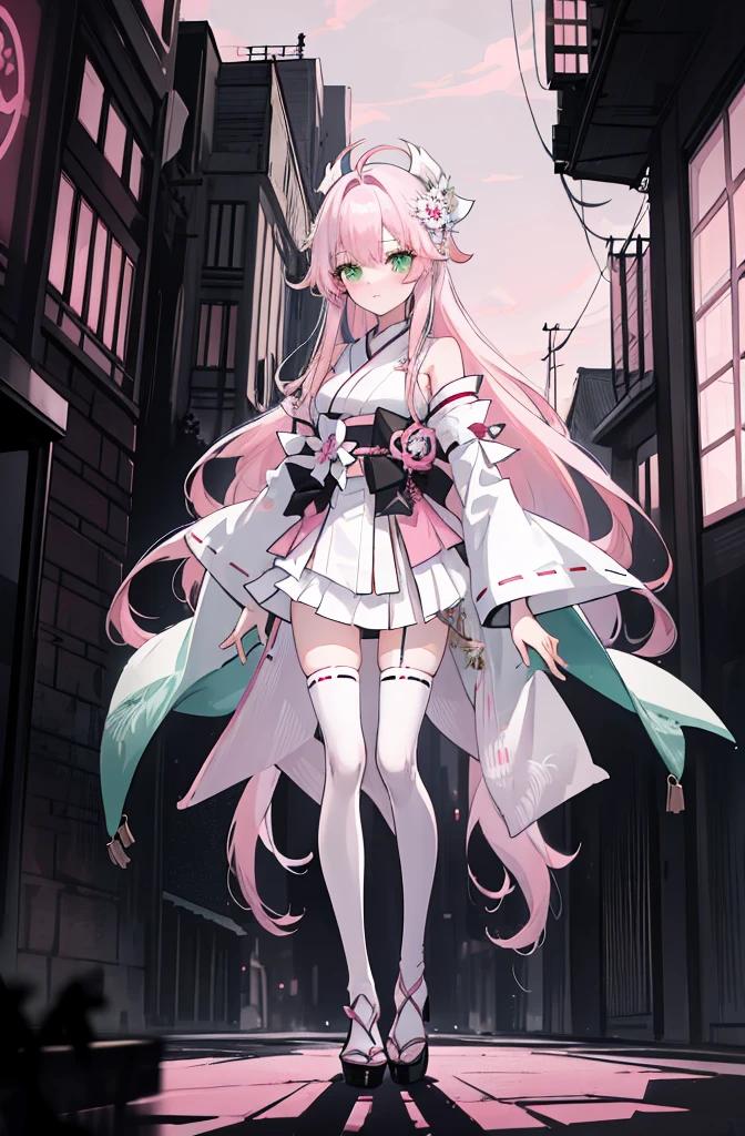 ((A pink-haired)),The hair was long,green eyes,Very long dull hairs,dark city background,white kimono costume,White miko stockings,white mini skirt, night,standing,pink hair,pink hair,