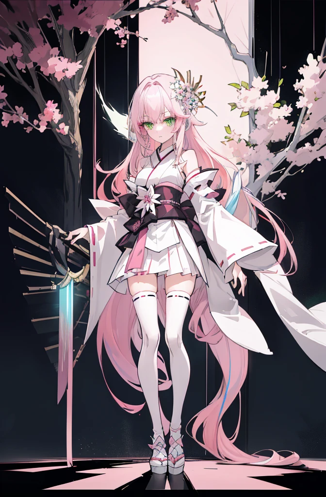 ((A pink-haired))，The hair was long，green eyes,Very long dull hairs，dark city background，white kimono costume，White miko stockings，white mini skirt, night,standing,pink hair,pink hair,