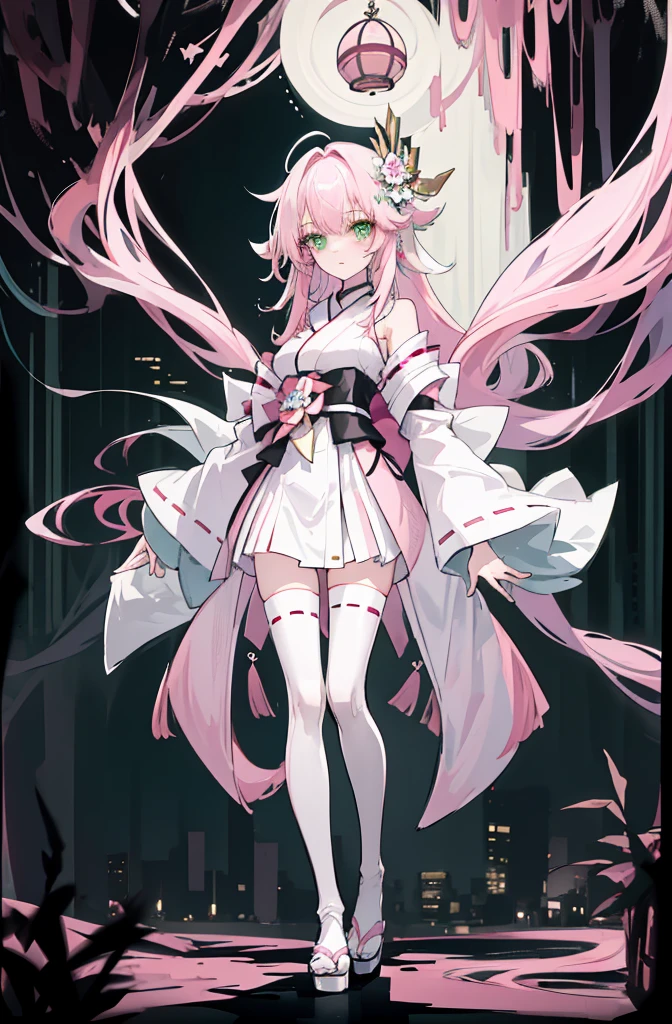 ((A pink-haired)),The hair was long,green eyes,Very long dull hairs,dark city background,white kimono costume,White miko stockings,white mini skirt, night,standing,pink hair,pink hair,