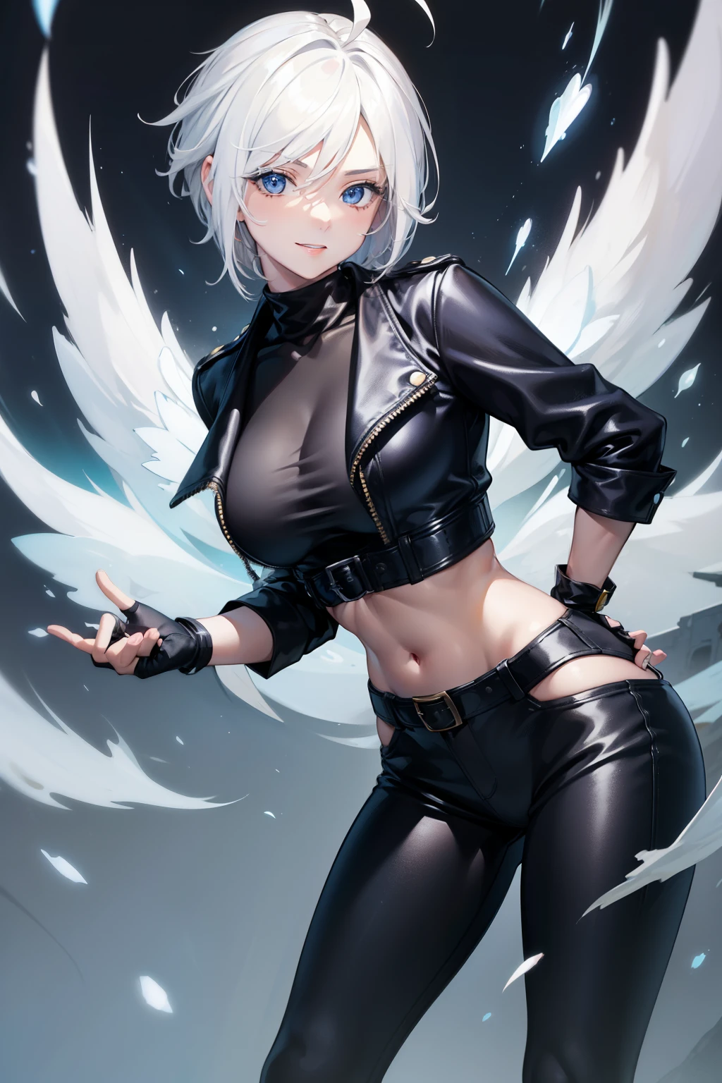 Black bikini, pants, short white hair, pointing pose, lip piercing, black gloves, black eyes