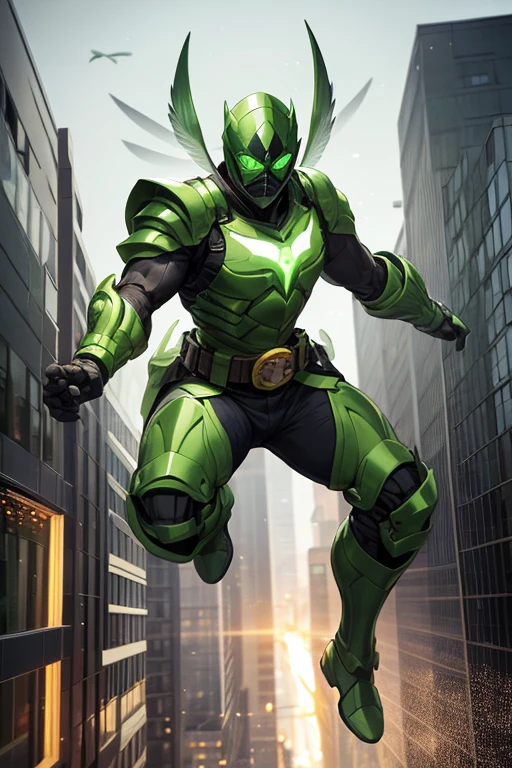 ((best quality)), ((masterpiece)), (detailed), 1 male, full body, 25 years old, masked, lemon green mask covering his entire head, smooth head, mask covering his mouth, 1 small crest on his head, oxygen mask, angry expression, black collar, tall and strong, very athletic, green fly wings, grey details, green fingerless gloves, green wrist guards, lemon green nanotech suit resembling light armor, lemon green chest with an emblem, orange fly emblem on his chest, fly, green pants, green knee pads, metallic green boots, orange superhero belt, flying around a building, city background, anime