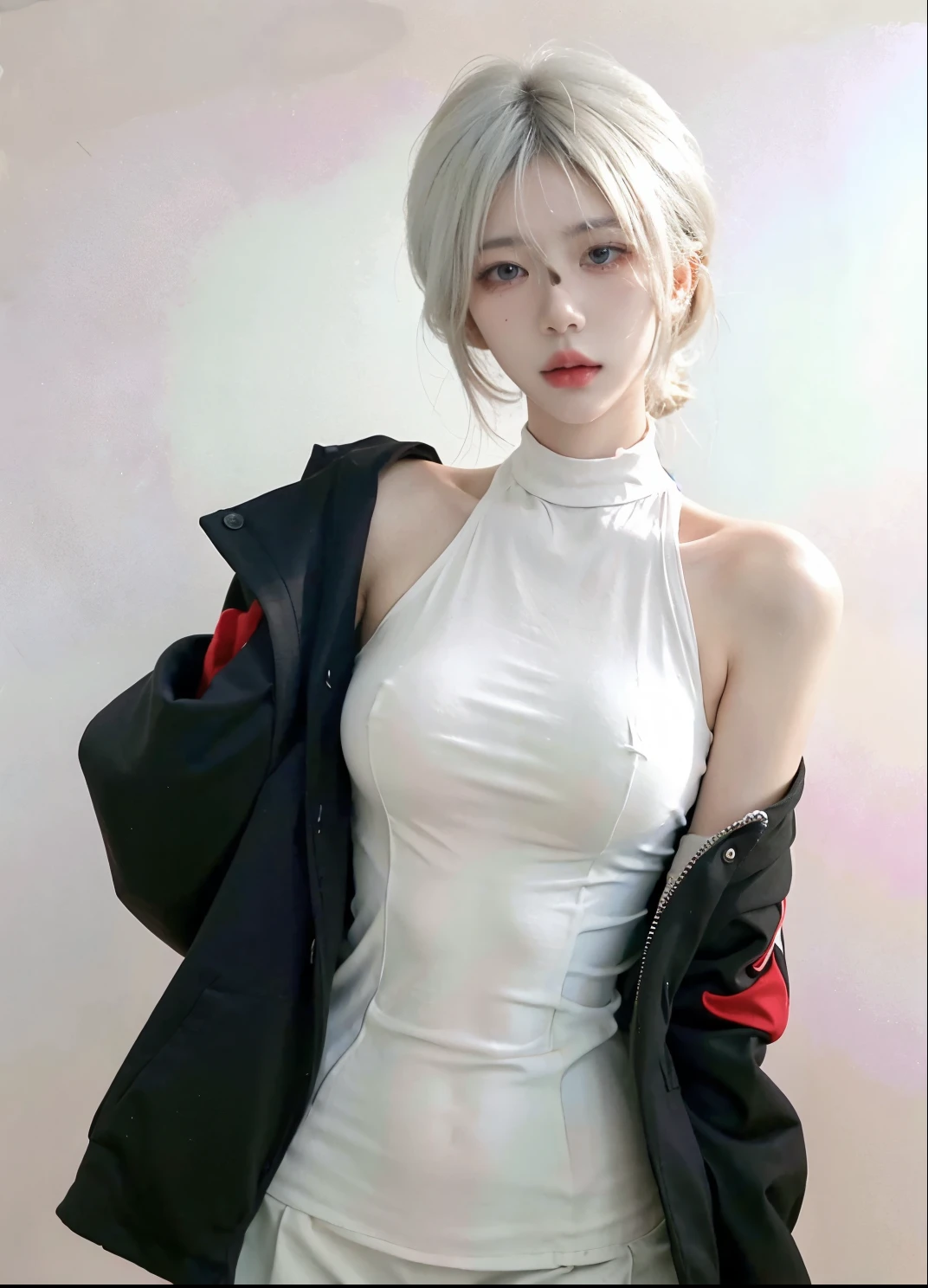 Beautiful woman with perfect figure:1.4，Ultra-high resolution，White background，（Realism:1.4)，Layered hairstyle，White skin，:1.5，Super short pleated skirt，whole body，Very delicate and skin texture，Double eyelids，Skin Whitening，short hair，White hair
