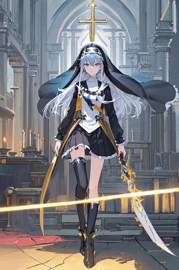 [(cathedral background:1.4)::5],Original,(Illustration:1.1),(Best Quality),(masutepiece:1.1),(the Extremely Detailed CG Unity 8K Wallpapers:1.1), (Colorful:0.9),(mid-shot:0.95),(Full body:1.5),Dynamic Angle,(Solo:1.2), (girl),(((Adult))), (Detailed beautiful eyes:1.15), (Beautiful face:1.15), (Glowing black eyes:1.25////),(Blue Long Hair),(nun headdress),(+perfect hand+:1.21),(Draw an illustration of a Holy Knight Wizard),(Religious),(slender),(she has boots on her feet),((I'm wearing black knee-high socks)),Smile,(Ruffled miniskirt with metal embellishments),beautiful slender adult,((theater background)),