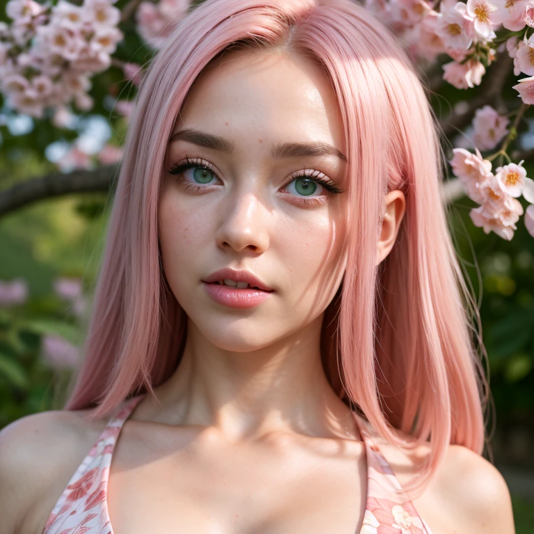 young woman pale skin, long bubblegum pink hair, pink eyebrows, big jade green eyes, buttoned nose, peach lips, small breasts, wide forehead, flower and butterfly kimono, Sakura Haruno, realistic, 3d
