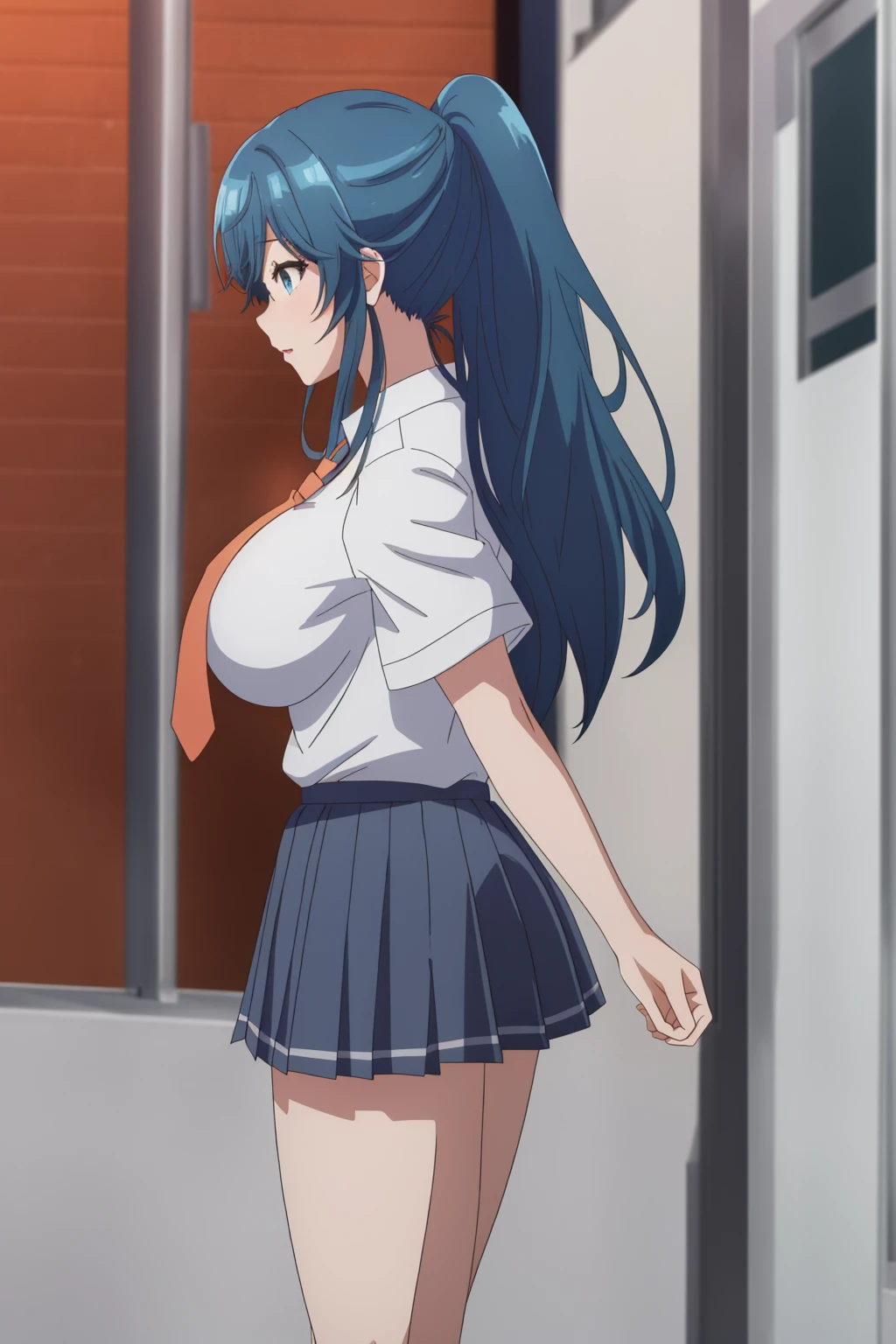 girl, solo, beautiful body, perfect body, nice body, (huge Breasts),

nanami minami, blue hair, blue eyes, long hair, ponytail (school uniform:1.5), (pleated skirt:1.5), (miniskirt:1.5), short sleeve, tight, necktie, student shoes, white sock, walking, 


official art, extremely detailed CG unity 8k wallpaper, perfect lighting, Colorful, (best_quality:1.0), ultra high res,4K, ultra-detailed, 8K, HDR, high resolution,  absurdres:1.2, film grain, (vibrant_color:1.2), (narrow waist), huge breasts, (masterpiece:1.2), ((best quality:1.3)), ultra-detailed, ray-traced, high-fidelity textures, crisp focus, dynamic pose, dynamic art, dynmic angle, 