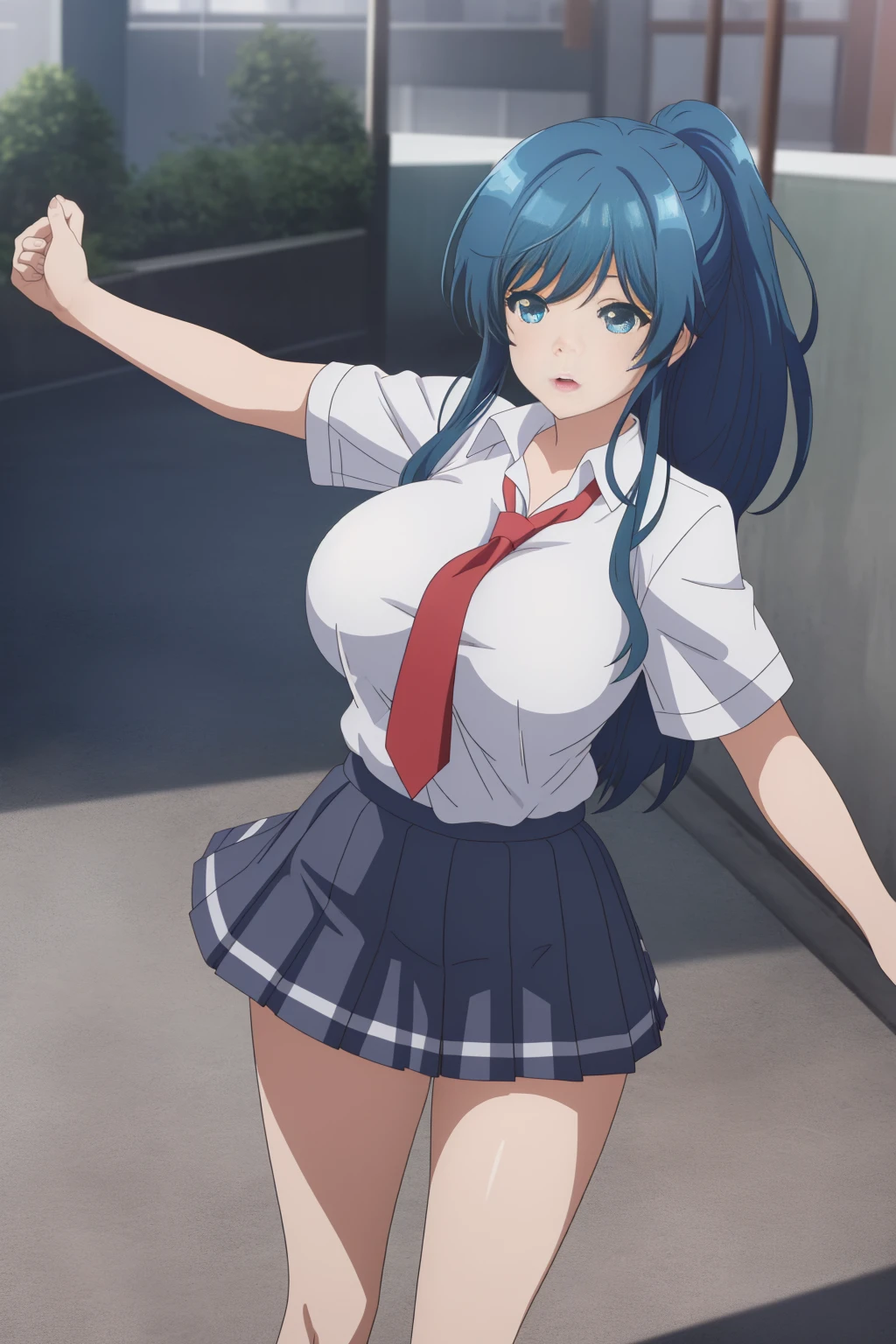 girl, solo, beautiful body, perfect body, nice body, (huge Breasts),

nanami minami, blue hair, blue eyes, long hair, ponytail (school uniform:1.5), (pleated skirt:1.5), (:1.5), short sleeve, tight, necktie, student shoes, white sock, walking, 


official art, extremely detailed CG unity 8k wallpaper, perfect lighting, Colorful, (best_quality:1.0), ultra high res,4K, ultra-detailed, 8K, HDR, high resolution,  absurdres:1.2, film grain, (vibrant_color:1.2), (narrow waist), huge breasts, (masterpiece:1.2), ((best quality:1.3)), ultra-detailed, ray-traced, high-fidelity textures, crisp focus, dynamic pose, dynamic art, dynmic angle, 