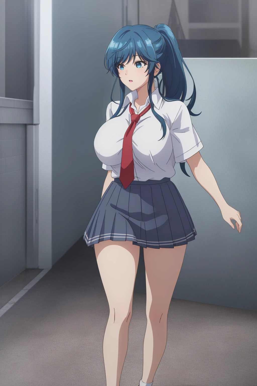 girl, solo, beautiful body, perfect body, nice body, (huge Breasts),

nanami minami, blue hair, blue eyes, long hair, ponytail (school uniform:1.5), (pleated skirt:1.5), (miniskirt:1.5), short sleeve, tight, necktie, student shoes, white sock, walking, 


official art, extremely detailed CG unity 8k wallpaper, perfect lighting, Colorful, (best_quality:1.0), ultra high res,4K, ultra-detailed, 8K, HDR, high resolution,  absurdres:1.2, film grain, (vibrant_color:1.2), (narrow waist), huge breasts, (masterpiece:1.2), ((best quality:1.3)), ultra-detailed, ray-traced, high-fidelity textures, crisp focus, dynamic pose, dynamic art, dynmic angle, 