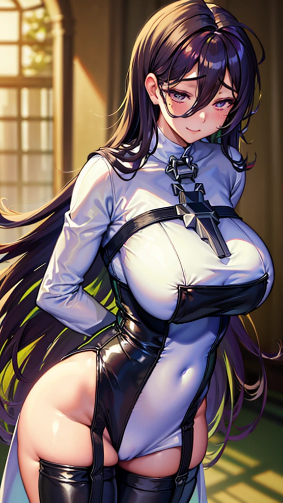 A beautiful woman dressed as a church sister, Strike a pose gracefully. She has a perfect face、, Expressive eyes, long flowing hair, And a kind smile. Her body is perfectly balanced, With a slim waist and beautiful curves. 彼女の教会のNunsたちの衣装は伝統的な要素で飾られている., Includes a modest dress with a veil and intricate embroidery. The embroidery is delicate, beautiful, Casually sexy, Enhance the elegance of your outfit. This dress has a high neck and long sleeves.., Decorated with lace and intricate patterns. The veil is of high quality, The translucent material flows gracefully over the shoulders.. The background is soft and blurred、Focus on her.. Make your underarms look natural、Maintaining balance throughout the body. The character needs to appear graceful and confident... Show me your armpits, Embarrassing, Are crying, anger, (Nuns),(Cross Necklace), Latex bodysuit, Shiny clothes, Perfect fit for your skin, habit, Latex gloves,Black bodysuit,Thigh-high boots, Sleeveless,