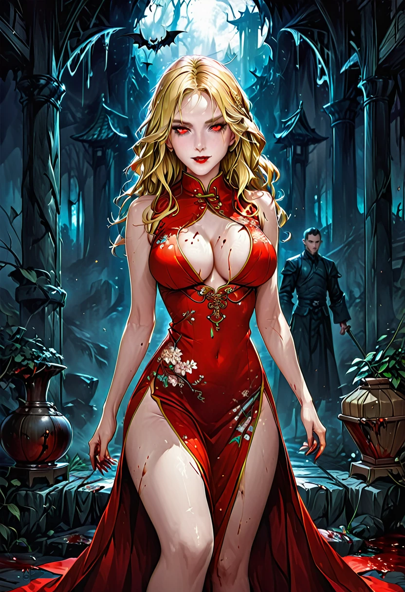 a beautiful female vampire wearing a ((blood stained: 1.5) white Cheongsam: 1.5), an extremely beautiful female vampire, ultra detailed face, blond hair, long hair, wavy hair, dark glamour make up, pale skin, red lips, (glowing red eyes: 1.2), visible (vampiric fangs: 1.2), she wears a ((blood stained white Cheongsam: 1.5)), elegant, intricate detailed Cheongsam, silk Cheongsam, small cleavage, ((Cheongsam is decorated with gems: 1.3)), she wears elegant knee high heeled boots, exquisite knee high heeled boots, there are stains of blood on the upper part of the dress, dynamic background, best details, best quality, highres, ultra wide angle, 16k, [ultra detailed], masterpiece, best quality, (extremely detailed), full body, ultra wide shot, photorealistic, fantasy art, dnd art, rpg art, realistic art, dark novel, Dark Art Painting Style