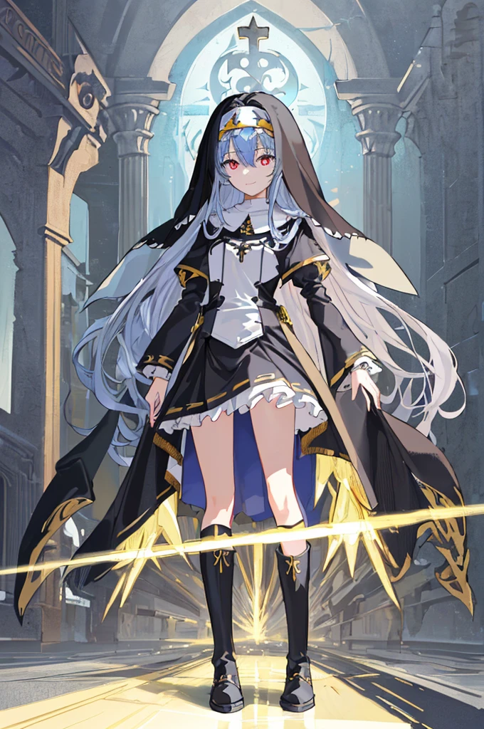 [(cathedral background:1.4)::5],Original,(Illustration:1.1),(Best Quality),(masutepiece:1.1),(the Extremely Detailed CG Unity 8K Wallpapers:1.1), (Colorful:0.9),(mid-shot:0.95),(Full body:1.5),Dynamic Angle,(Solo:1.2), (girl),(((Adult))), (Detailed beautiful eyes:1.15), (Beautiful face:1.15), (Glowing black eyes:1.25////),(Blue Long Hair),(nun headdress),(+perfect hand+:1.21),(Draw an illustration of a Holy Knight Wizard),(Religious),(slender),(she has boots on her feet),((I'm wearing black knee-high socks)),Smile,(Ruffled miniskirt with metal embellishments),beautiful slender adult,((theater background)),