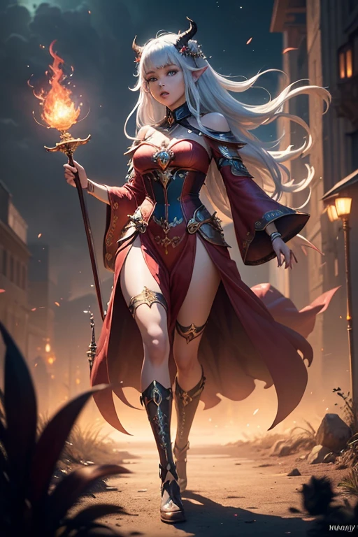 Niji mode. Full body. Unreal Engine: 1.4, UHD, Best Quality: 1.4, Photorealistic: 1.4, Skin Texture: 1.4, Masterpiece: 1.8, Red Dragon Queen, Long Elf Ears, Elegant Dress, Dragon Ling Vawy Hair, Soft Facial Features, red dragon horns on her head, majestic woman, silver decoration on her dress, Silver Star Queen, big gradient eyes with warm colors, cherry lips, red dragons, sky at sunset, with several suns and stars with warm colors. holding a longsword with glowing magic carvings and long handle, glowing red tattoos, ruby piercings, magic stones, glowing magic eyes, advanced technology mixed with magic, magic circuits, magic materials, developed by Technological Magic. Walking in the middle of a magical atompunk metropolis mixing technology and vegetation, particle effects, wide and deep scenery, with multiple planes of depth, cinematic and dynamic scene with a sense of movement, view of magical glowing lights reflecting the scene, elegant pose, lights aura, glowing, epic atmosphere, Magic tools, old anime style, Studio Ghibli, Screaming metal, art book, RPG fantasy.