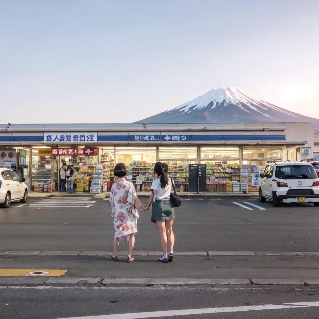 ((best quality)), ((masterpiece)), (detailed), two women standing in a parking lot with a mountain in the background, convenience store, mount fuji in the background, japan travel aesthetic, gas station, “gas station photography, japan rural travel, mount fuji on the background, set in tokyo bank parking lot, japanese town, mt. fuji, taken in the early 2020s, mount fuji, japanese rural town