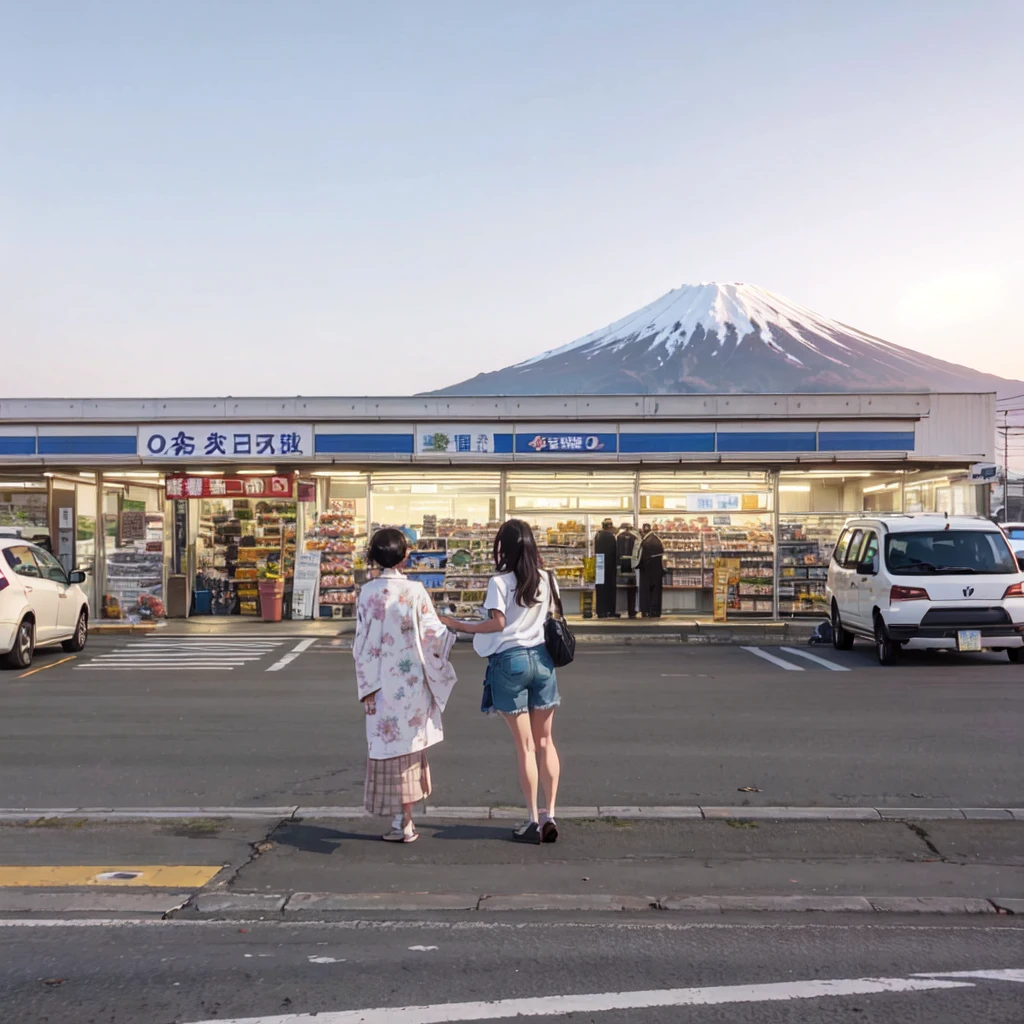 ((best quality)), ((masterpiece)), (detailed), two women standing in a parking lot with a mountain in the background, convenience store, mount fuji in the background, japan travel aesthetic, gas station, “gas station photography, japan rural travel, mount fuji on the background, set in tokyo bank parking lot, japanese town, mt. fuji, taken in the early 2020s, mount fuji, japanese rural town