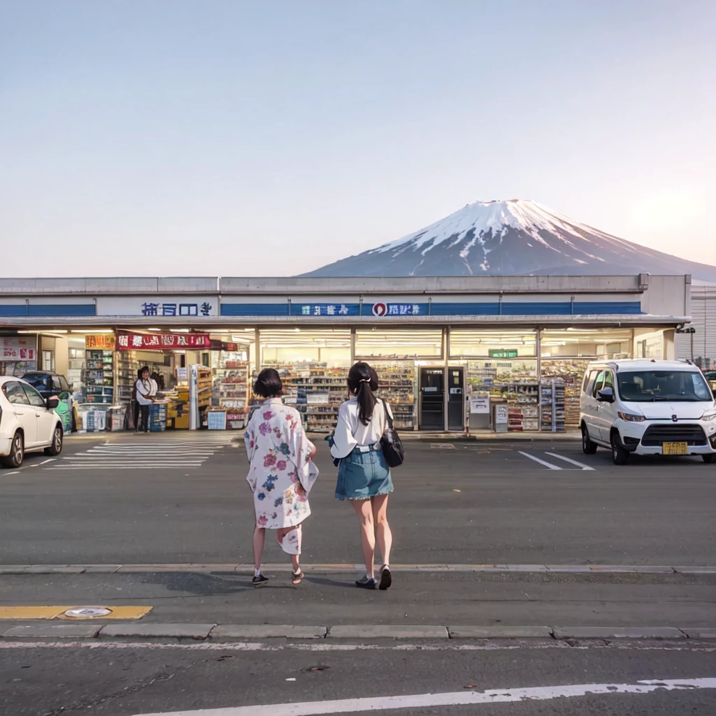 ((best quality)), ((masterpiece)), (detailed), two women standing in a parking lot with a mountain in the background, convenience store, mount fuji in the background, japan travel aesthetic, gas station, “gas station photography, japan rural travel, mount fuji on the background, set in tokyo bank parking lot, japanese town, mt. fuji, taken in the early 2020s, mount fuji, japanese rural town