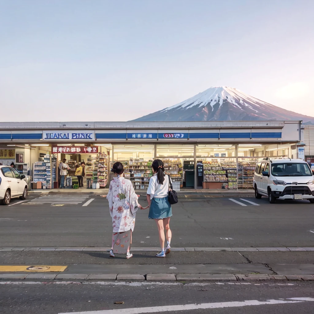 ((best quality)), ((masterpiece)), (detailed), two women standing in a parking lot with a mountain in the background, convenience store, mount fuji in the background, japan travel aesthetic, gas station, “gas station photography, japan rural travel, mount fuji on the background, set in tokyo bank parking lot, japanese town, mt. fuji, taken in the early 2020s, mount fuji, japanese rural town