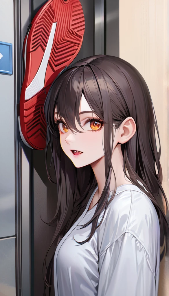 best quality, highest quality, masterpiece, ultra-detailed, hyper-detailed, award-winning, photorealistic background, cinematic lighting, trending on artstation, 8K wallpaper, extremely detailed, intricate, illustration, close-up portrait, fullbody shot, power_\(chainsaw_man\), sharp teeth, cross-shaped pupils, long sleeves, (Air Jordan shoes, white shirt, black bra, black necktie, fishnet pantyhose, black miniskirt:1.2) open clothes, upper body focus, thick thighs, perfect face, very deep eyes, detailed eyes, sidelight, high-resolution, intricate details, detailed fingers, beautiful face, mature female, heavy eyeshadow, perfect proportions, squatting, 