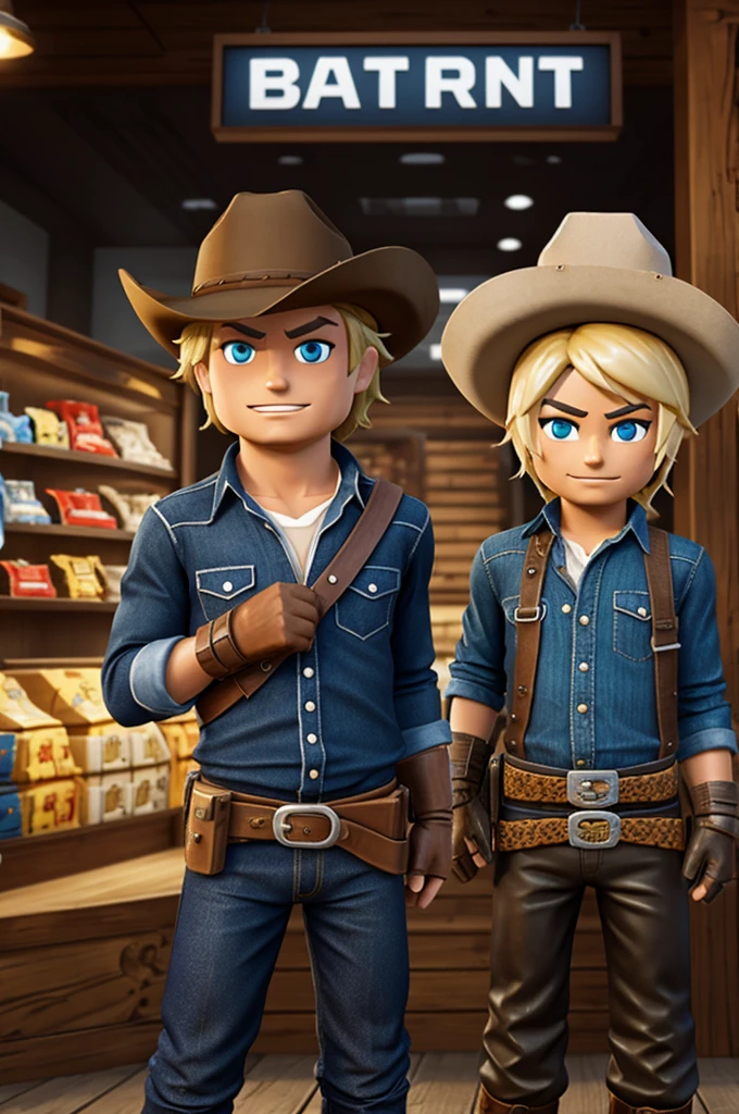 Two cowboys who are bandits 1 cowboy bandit is blonde the other is not robbing a store with roblox design