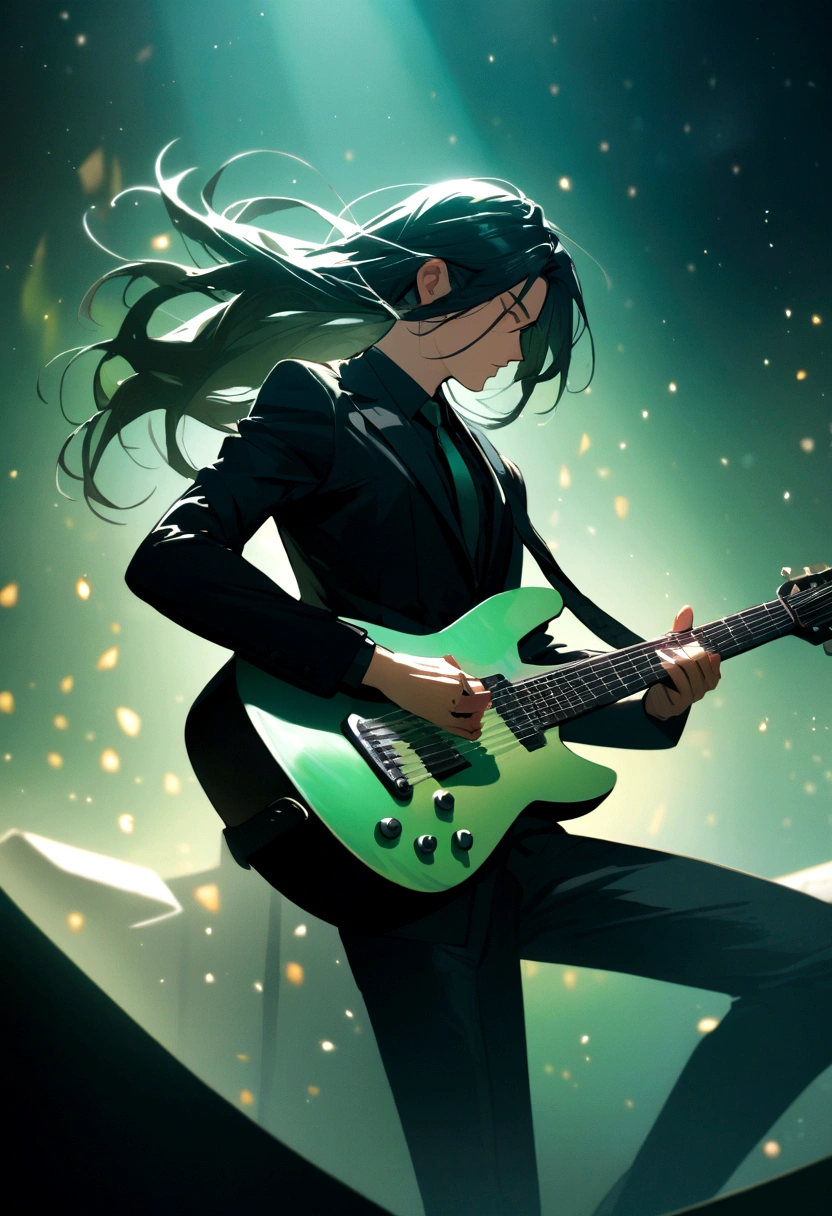 Boy with long hair and black suit playing guitar on a greenish background stage