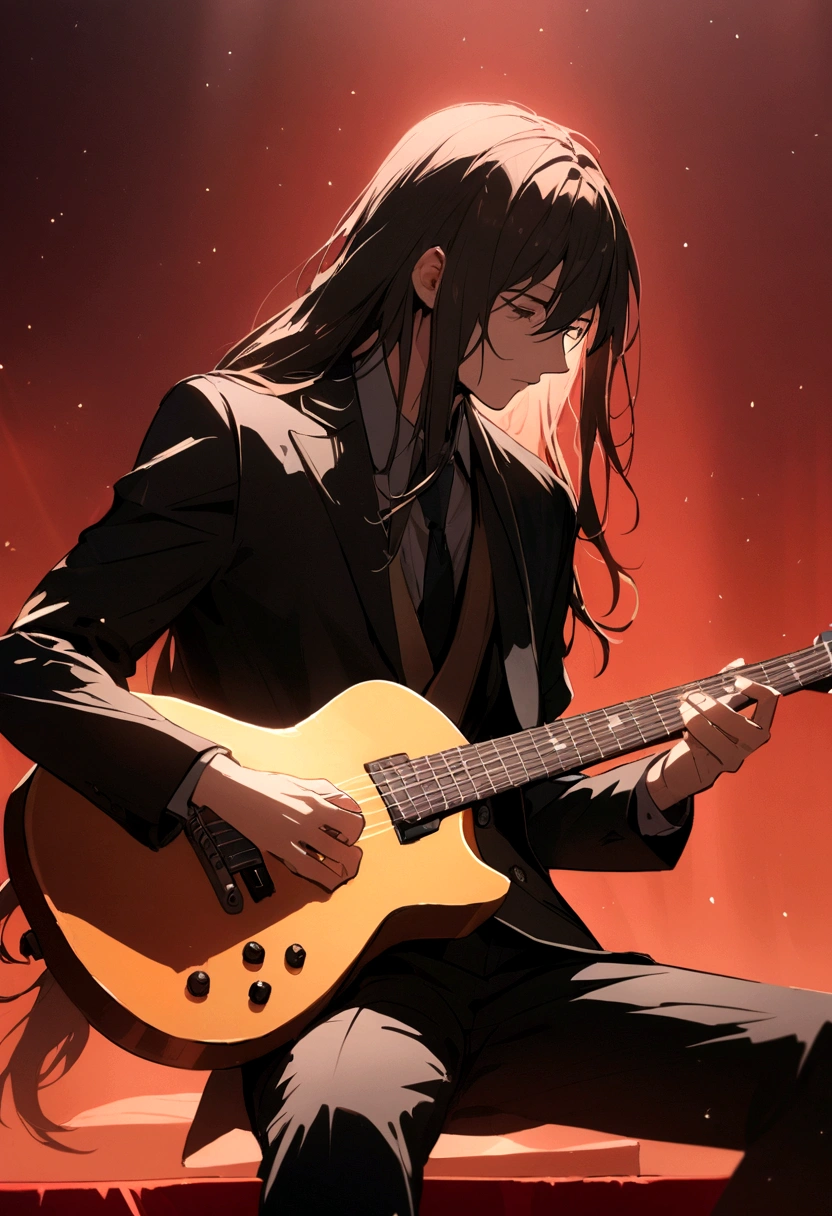 Boy with long hair and black suit playing guitar on a reddish background stage