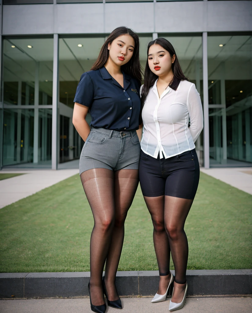 Two Asian college students plain white shirt and jean shorts, Stunning proportions, anatomically correct, gray sheer tights, grey sheer tights, best quality, fat legs, full body, high heels, massive legs towering over you, standing, wide hips, big booty