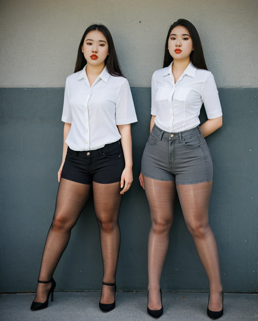 Two Asian college students plain white shirt and jean shorts, Stunning proportions, anatomically correct, gray sheer tights, grey sheer tights, best quality, fat legs, full body, high heels, massive legs towering over you, standing, wide hips, big booty