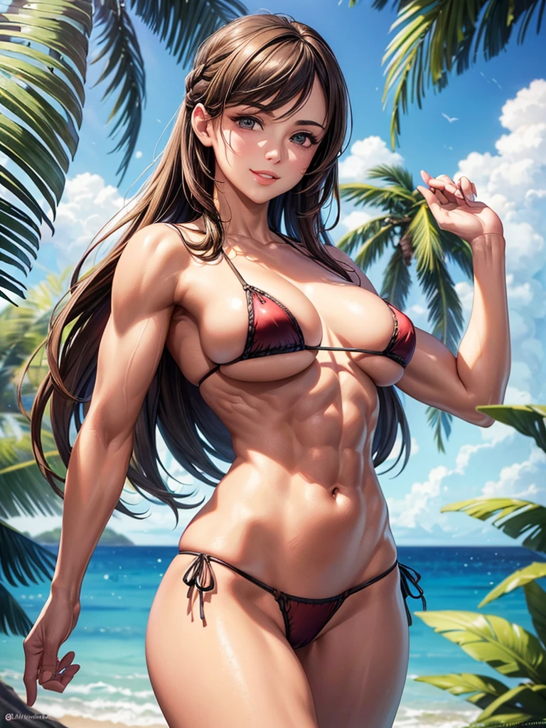 ,(best quality, ultra-detailed, realistic:1.37, masterpiece:1.2), woman, beautiful detailed eyes, beautiful detailed lips, brown hair tied up, smile,micro bikini, (muscular body:1.1),slim figure, caustics, textile shading, toned body, clean abs, palm trees swaying,