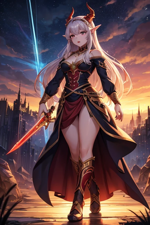 Niji mode. Full body. Unreal Engine: 1.4, UHD, Best Quality: 1.4, Photorealistic: 1.4, Skin Texture: 1.4, Masterpiece: 1.8, Red Dragon Queen, Long Elf Ears, Elegant Dress, Dragon Ling Vawy Hair, Soft Facial Features, red dragon horns on her head, majestic woman, silver decoration on her dress, Silver Star Queen, big gradient eyes with warm colors, cherry lips, red dragons, sky at sunset, with several suns and stars with warm colors. holding a longsword with glowing magic carvings and long handle, glowing red tattoos, ruby piercings, magic stones, glowing magic eyes, advanced technology mixed with magic, magic circuits, magic materials, developed by Technological Magic. Walking in the middle of a magical atompunk metropolis mixing technology and vegetation, particle effects, wide and deep scenery, with multiple planes of depth, cinematic and dynamic scene with a sense of movement, view of magical glowing lights reflecting the scene, elegant pose, lights aura, glowing, epic atmosphere, Magic tools, old anime style, Studio Ghibli, Screaming metal, art book, RPG fantasy.