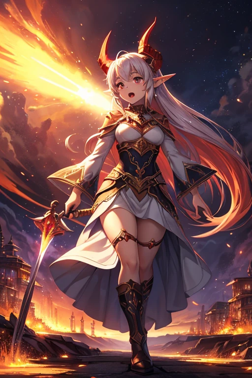 Niji mode.  Full body.  Unreal Engine: 1.4, UHD, Best Quality: 1.4, Photorealistic: 1.4, Skin Texture: 1.4, Masterpiece: ed Dragon Queen, Long Elf Ears, Elegant Dress, Dragon Ling Vawy Hair, Soft  Features, red dragon horns on her head, majestic woman, silver decoration on her dress, Silver Star Queen, big gradient eyes with warm colors, cherry lips, red dragons, sky at sunset, with several suns and stars with warm colors.  holding a longsword with glowing magic carvings and long handle, glowing red tattoos, ruby ​​piercings, magic stones, glowing magic eyes, advanced technology mixed with magic, magic circuits, magic materials, developed by Technological Magic.   Walking in the middle of a magical atompunk metropolis mixing technology and vegetation, particle effects, wide and deep scenery, with multiple planes of depth, cinematic and dynamic scene with a sense of movement, view of magical glowing lights reflecting the scene, elegant pose, lights aura, glowing, epic atmosphere, Magic tools, old anime style, Studio Ghibli, Screaming metal, art book, RPG fantasy.