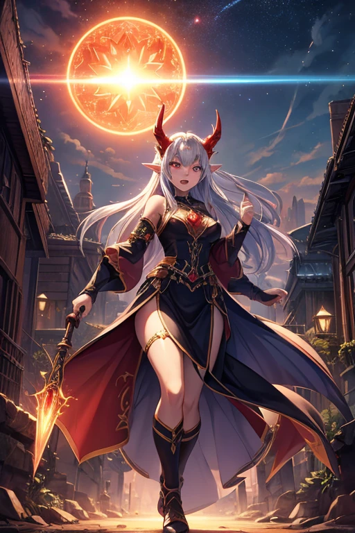 Niji mode. Full body. Unreal Engine: 1.4, UHD, Best Quality: 1.4, Photorealistic: 1.4, Skin Texture: 1.4, Masterpiece: 1.8, Red Dragon Queen, Long Elf Ears, Elegant Dress, Dragon Ling Vawy Hair, Soft Facial Features, red dragon horns on her head, majestic woman, silver decoration on her dress, Silver Star Queen, big gradient eyes with warm colors, cherry lips, red dragons, sky at sunset, with several suns and stars with warm colors. holding a longsword with glowing magic carvings and long handle, glowing red tattoos, ruby piercings, magic stones, glowing magic eyes, advanced technology mixed with magic, magic circuits, magic materials, developed by Technological Magic. Walking in the middle of a magical atompunk metropolis mixing technology and vegetation, particle effects, wide and deep scenery, with multiple planes of depth, cinematic and dynamic scene with a sense of movement, view of magical glowing lights reflecting the scene, elegant pose, lights aura, glowing, epic atmosphere, Magic tools, old anime style, Studio Ghibli, Screaming metal, art book, RPG fantasy.