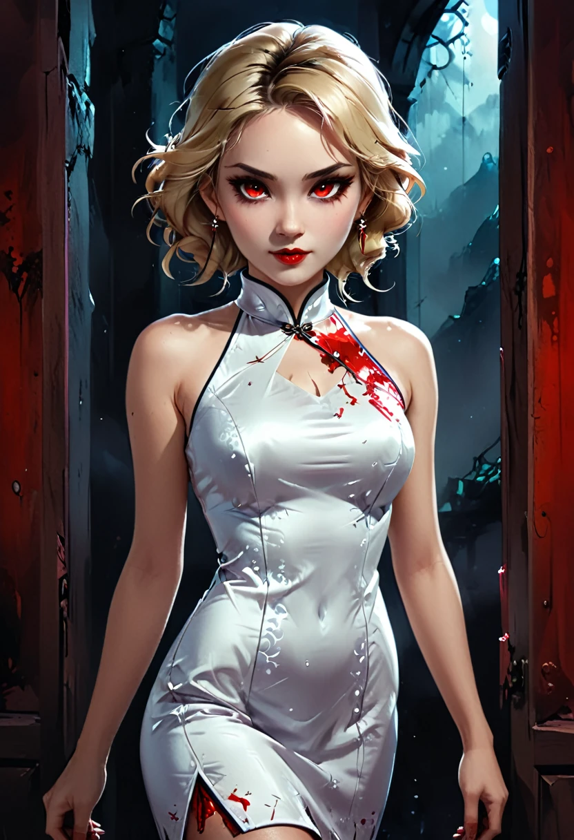 a beautiful female vampire wearing a ((blood stained: 1.5) white Cheongsam: 1.5), an extremely beautiful female vampire, ultra detailed face, blond hair, long hair, wavy hair, dark glamour make up, pale skin, red lips, (glowing red eyes: 1.2), visible (vampiric fangs: 1.2), she wears a ((blood stained white Cheongsam: 1.5)), elegant, intricate detailed Cheongsam, silk Cheongsam, small cleavage, ((Cheongsam is decorated with gems: 1.3)), she wears elegant knee high heeled boots, exquisite knee high heeled boots, there are stains of blood on the upper part of the dress, dynamic background, best details, best quality, highres, ultra wide angle, 16k, [ultra detailed], masterpiece, best quality, (extremely detailed), full body, ultra wide shot, photorealistic, fantasy art, dnd art, rpg art, realistic art, dark novel, Dark Art Painting Style