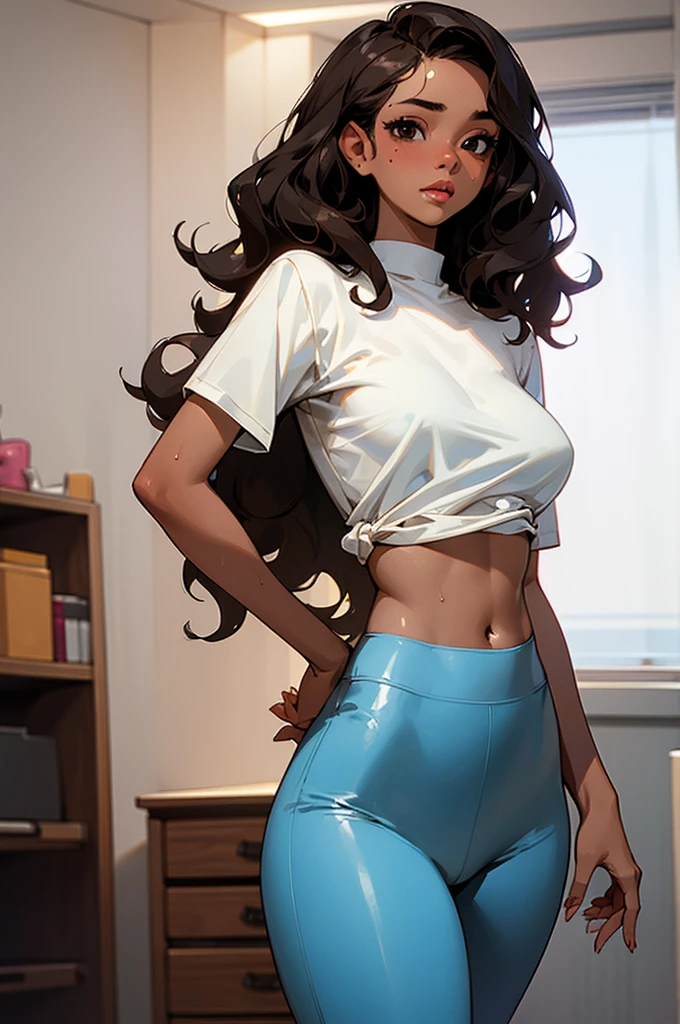 A girl with black eyes, BROWN SKIN, wavy hair, wet lips, big breasts, small hip and big hips wearing a tight white top shirt, and blue pants, being about to take off his shirt in his room