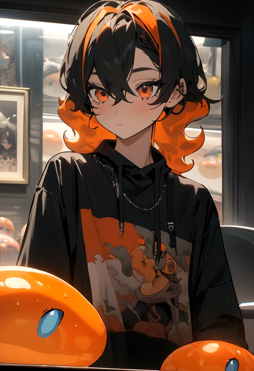 Slime boy, (slime) Hair Slime Estilo de cabelo Tellum, Persian orange, emo clothes, work of art, best quality 10 second video