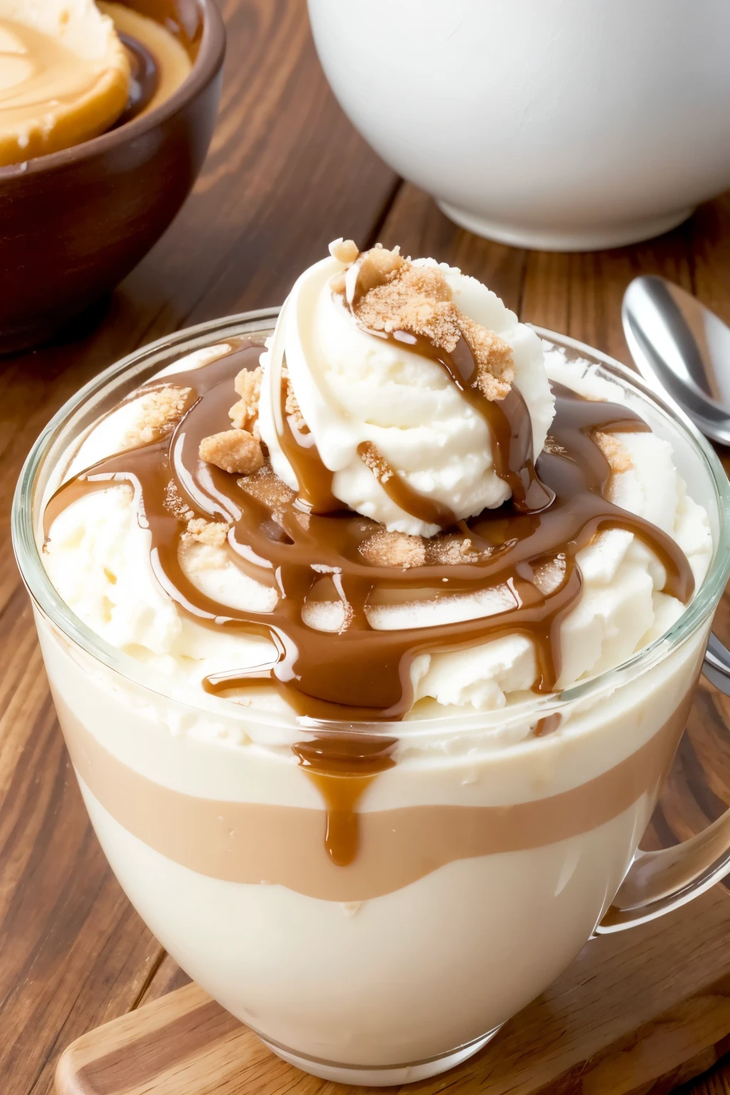 ((best qualityer)), (detailded), (realisitic), 1 cup of vanilla ice cream with layers of dulce de leche and paçoca on top.