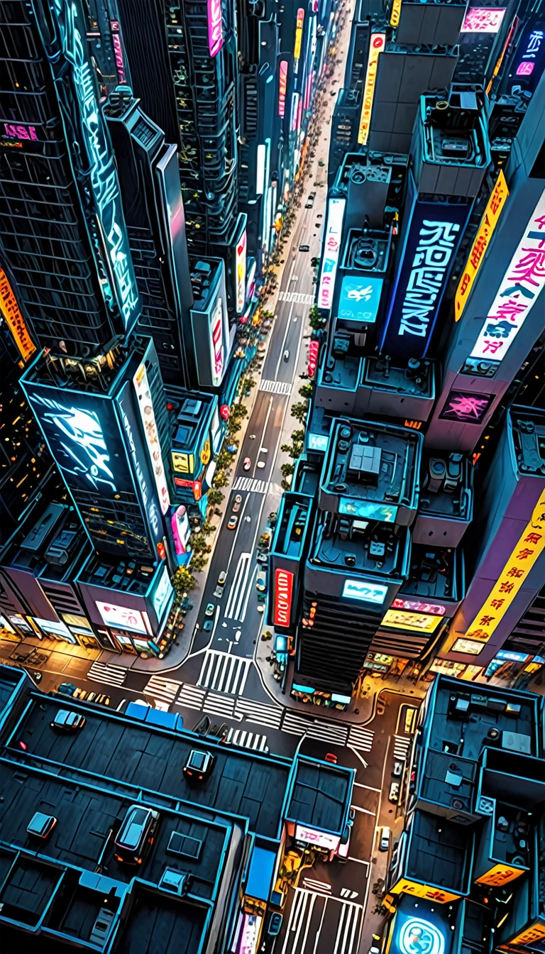 Cyberpunk city seen from 20 meters above,  empty street, natta, irregular, circuit boards, intricate, super detailled, realisitic, hyper realisitic, high qualiy, better, super detaill , crazy detail, very detailled, photorealisitic, epic composition, better quality, 32K --v 6