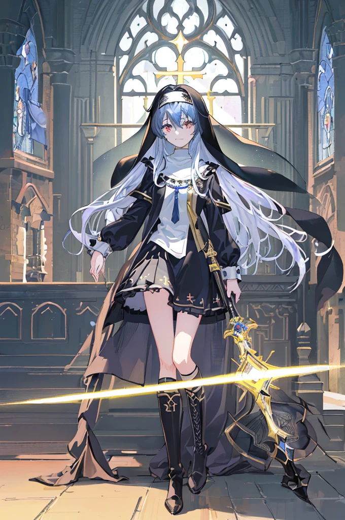 [(cathedral background:1.4)::5],Original,(Illustration:1.1),(Best Quality),(masutepiece:1.1),(the Extremely Detailed CG Unity 8K Wallpapers:1.1), (Colorful:0.9),(mid-shot:0.95),(Full body:1.5),Dynamic Angle,(Solo:1.2), (girl),(((Adult))), (Detailed beautiful eyes:1.15), (Beautiful face:1.15), (Glowing black eyes:1.25////),(Blue Long Hair),(nun headdress),(+perfect hand+:1.21),(Draw an illustration of a Holy Knight Wizard),(Religious),(slender),(she has boots on her feet),((I'm wearing black knee-high socks)),Smile,(Ruffled miniskirt with metal embellishments),beautiful slender adult,((theater background)),