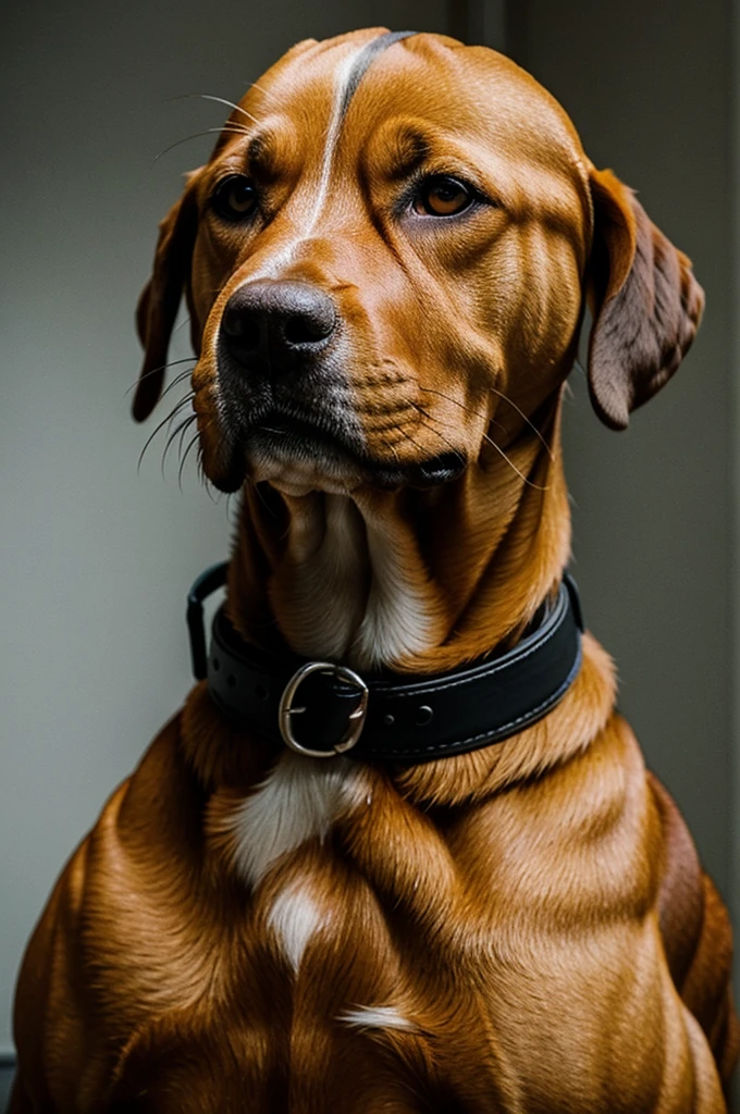 Large brown Barcino pitbull dog with metal collar