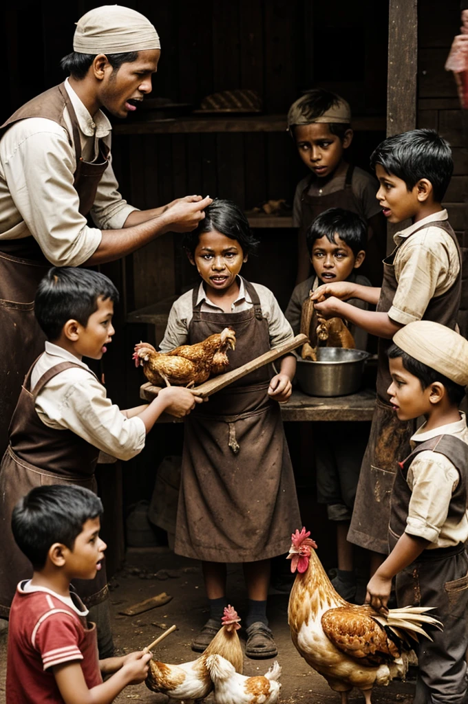 Maid cutting the throat of a chicken, and four male children looking at her with a lost look and with drool coming out of their mouths like children with mental problems 