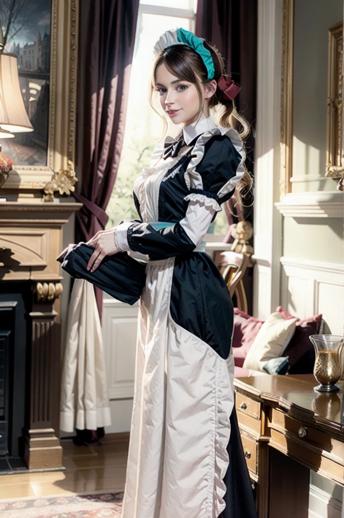 (realistic:1.3), finely detailed, quality, rembrandt lighting, (masterpiece:1.2), (photorealistic:1.2), (best quality), (detailed skin:1.3), (intricate details), dramatic, ray tracing, 1girl, french girl, 21 years old, detailed skin texture, (blush:0.5), (goosebumps:0.5), subsurface scattering, smiling, , high ponytail, bangs, hair between eyes, blonde hair, (maid:1.1), bow, brooch, long dress, frills, apron, swapping clothes with boy same age and size (aristocrat mansion, lavish, resplendent, luxurious, rich, decorations, living room),