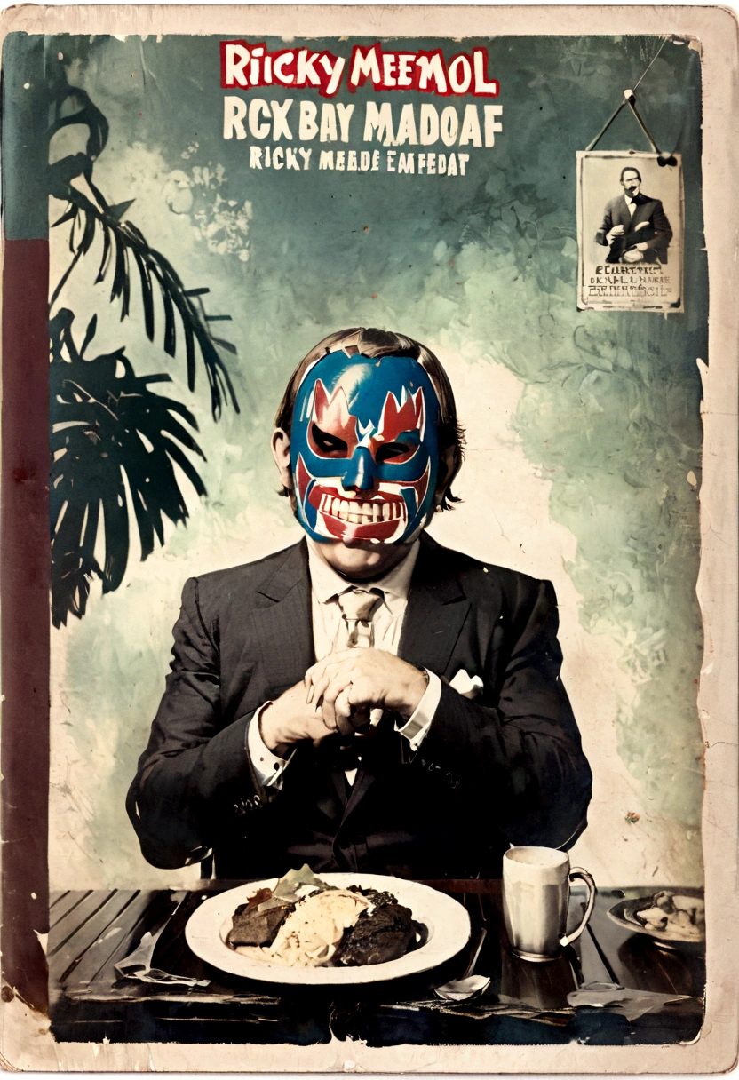 Lucha libre masked man, buff, wearing a suit and enjoys a nice meal. Album cover called "Ricky Meatloaf"