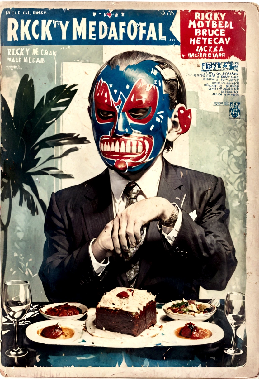 Lucha libre masked man, buff, wearing a suit and enjoys a nice meal. Album cover called "Ricky Meatloaf"