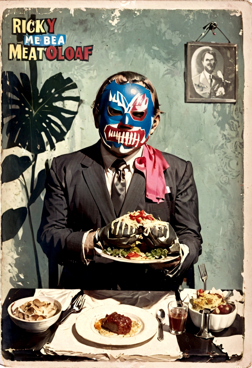 Lucha libre masked man, buff, wearing a suit and enjoys a nice meal. Album cover called "Ricky Meatloaf"