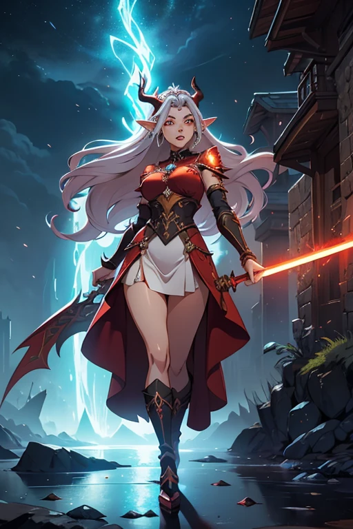 Niji mode. Full body. Unreal Engine: 1.4, UHD, Best Quality: 1.4, Photorealistic: 1.4, Skin Texture: 1.4, Masterpiece: 1.8, Red Dragon Queen, Long Elf Ears, Elegant Dress, Dragon Ling Vawy Hair, Soft Facial Features, red dragon horns on her head, majestic woman, silver decoration on her dress, Silver Star Queen, big gradient eyes with warm colors, cherry lips, red dragons, sky at sunset, with several suns and stars with warm colors. holding a longsword with glowing magic carvings and long handle, glowing red tattoos, ruby piercings, magic stones, glowing magic eyes, advanced technology mixed with magic, magic circuits, magic materials, developed by Technological Magic. Walking in the middle of a magical atompunk metropolis mixing technology and vegetation, particle effects, wide and deep scenery, with multiple planes of depth, cinematic and dynamic scene with a sense of movement, view of magical glowing lights reflecting the scene, elegant pose, lights aura, glowing, epic atmosphere, Magic tools, old anime style, Studio Ghibli, Screaming metal, art book, RPG fantasy.