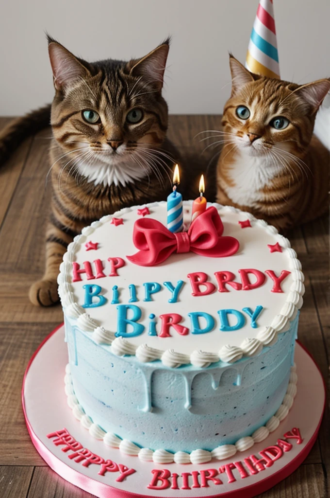 birthday cake or on it it says "joyeux anniversaire jimmy" avec 18 bougies avec 2 chats un chat roux un chat gris