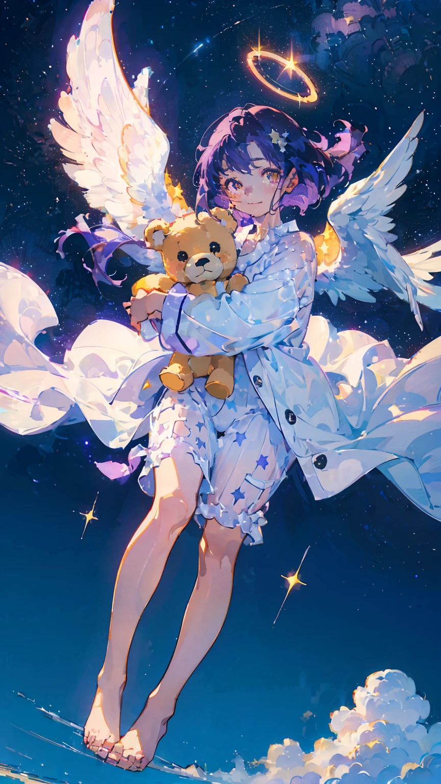 (woman\(13 years old,A star-like halo on the head。, Angel Girl,Purple Hair,Yellow Eyes, White skin, I'm wearing pastel colored pajamas,The girl looks sleepy,While floating in the air,hugging a teddy bear,barefoot,\) Beautiful night sky、Sleepily floating in the air, (I&#39;m in the beautiful outdoors, A beautiful star is shining,He seemed to be very sleepy., mysterious, (Full moon in the background),quality\(8K,非常に精細なCGユニットのwallpaper, masterpiece,High resolution,top-quality,top-quality real texture skin,Surreal,Increase the resolution,RAW Photos,最高quality,Very detailed,wallpaper,Cinema Lighting,Ray-tracing,Golden Ratio\),Long Shot,Overall, it looks ephemeral.,The depiction range is from the waist up,qualityの高い顔の描写,High-resolution facial depiction,ephemeral,Low saturation,1 person