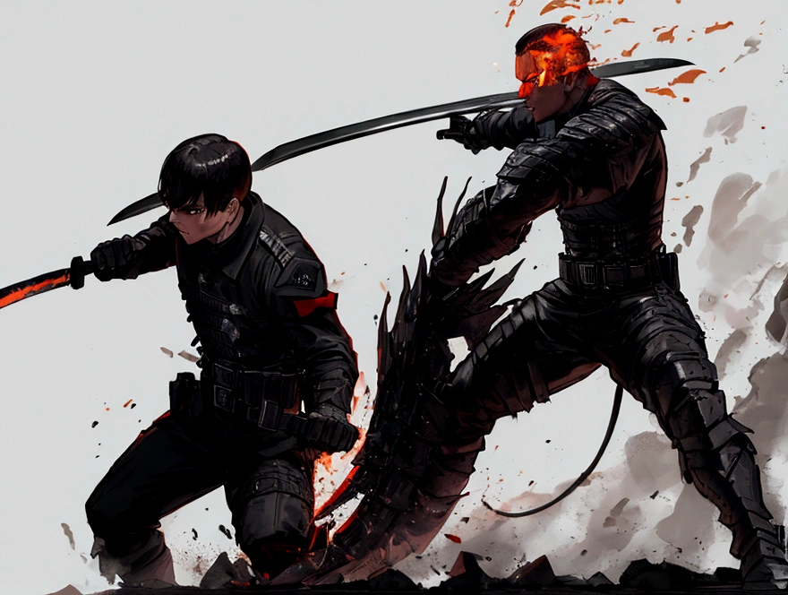 Soldier, with black armor, with a flaming machete sword, fighting with monsters